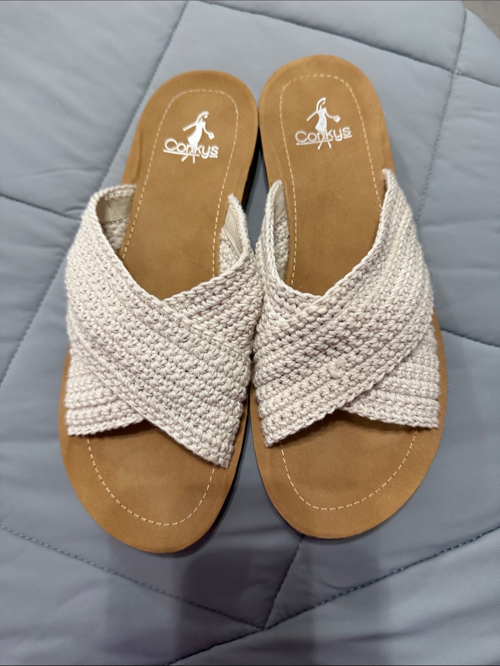 Corkys Cream Woven Crossover Slide Sandals